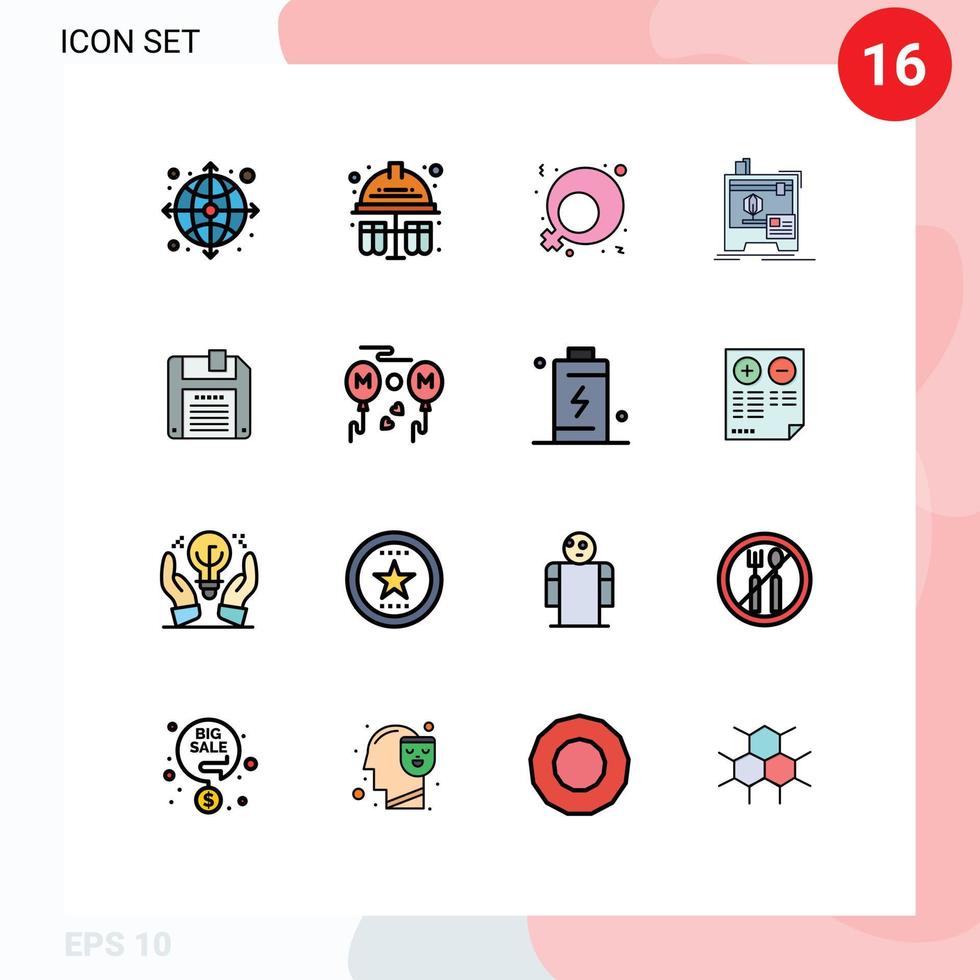 conjunto de pictogramas de 16 linhas simples preenchidas com cores planas de salvar a máquina de impressão do feminismo em disquete editável elementos de design de vetores criativos