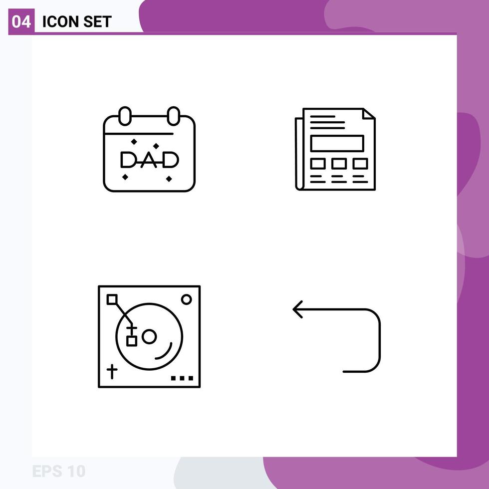 pacote de 4 sinais e símbolos modernos de cores planas de linha preenchida para mídia impressa na web, como música de calendário, folha de dia dos pais, elementos de design de vetores editáveis