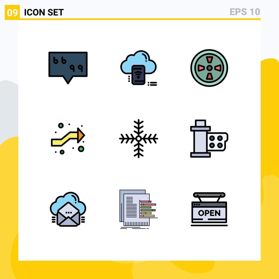 9 interface do usuário pacote de cores planas de linha cheia de sinais e símbolos modernos de fã de natal de floco de neve cruzam elementos de design de vetores editáveis