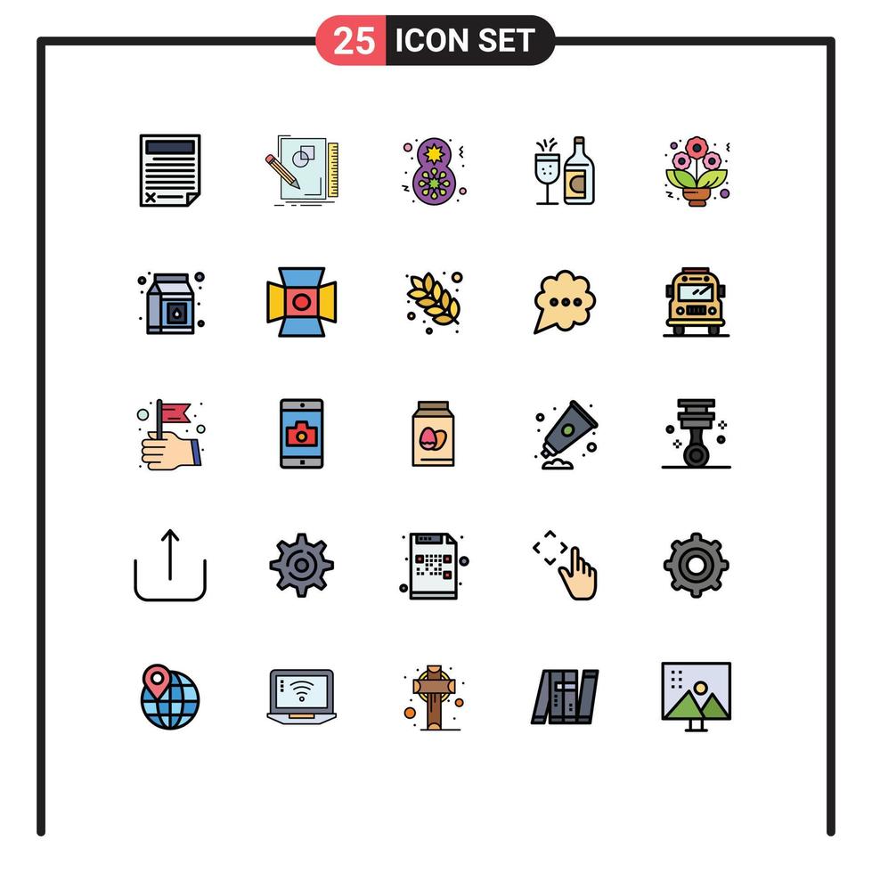 conjunto de cores planas de linha cheia de interface móvel de 25 pictogramas de elementos de design de vetor editável de vidro de desenho de garrafa ddrink