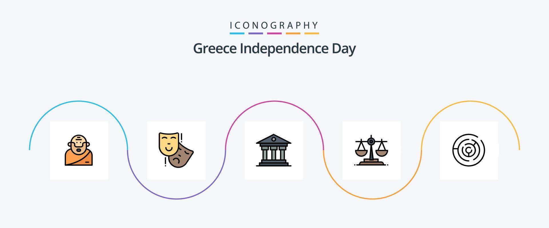 Linha do Dia da Independência da Grécia preenchida com 5 ícones planos, incluindo labirinto. círculo. banco. lei. Saldo vetor