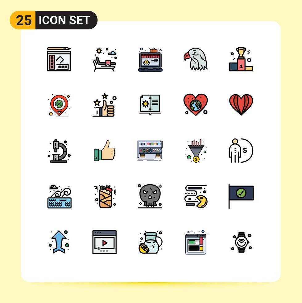 pacote de 25 sinais e símbolos modernos de cores planas de linha preenchida para mídia impressa na web, como ganhar prêmio online eua pássaros editáveis elementos de design vetorial vetor