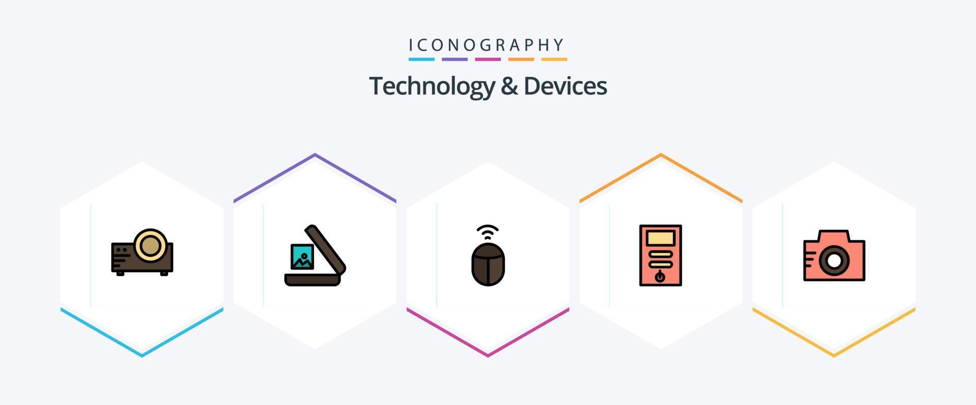 dispositivos 25 pacote de ícones de linha preenchida, incluindo imagem. imagem. Wi-fi. Câmera. pc vetor