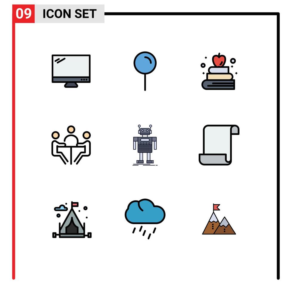 pacote de interface do usuário de 9 cores planas básicas de linhas preenchidas de elementos de design de vetores editáveis de conferência de pinos de discussão de robôs