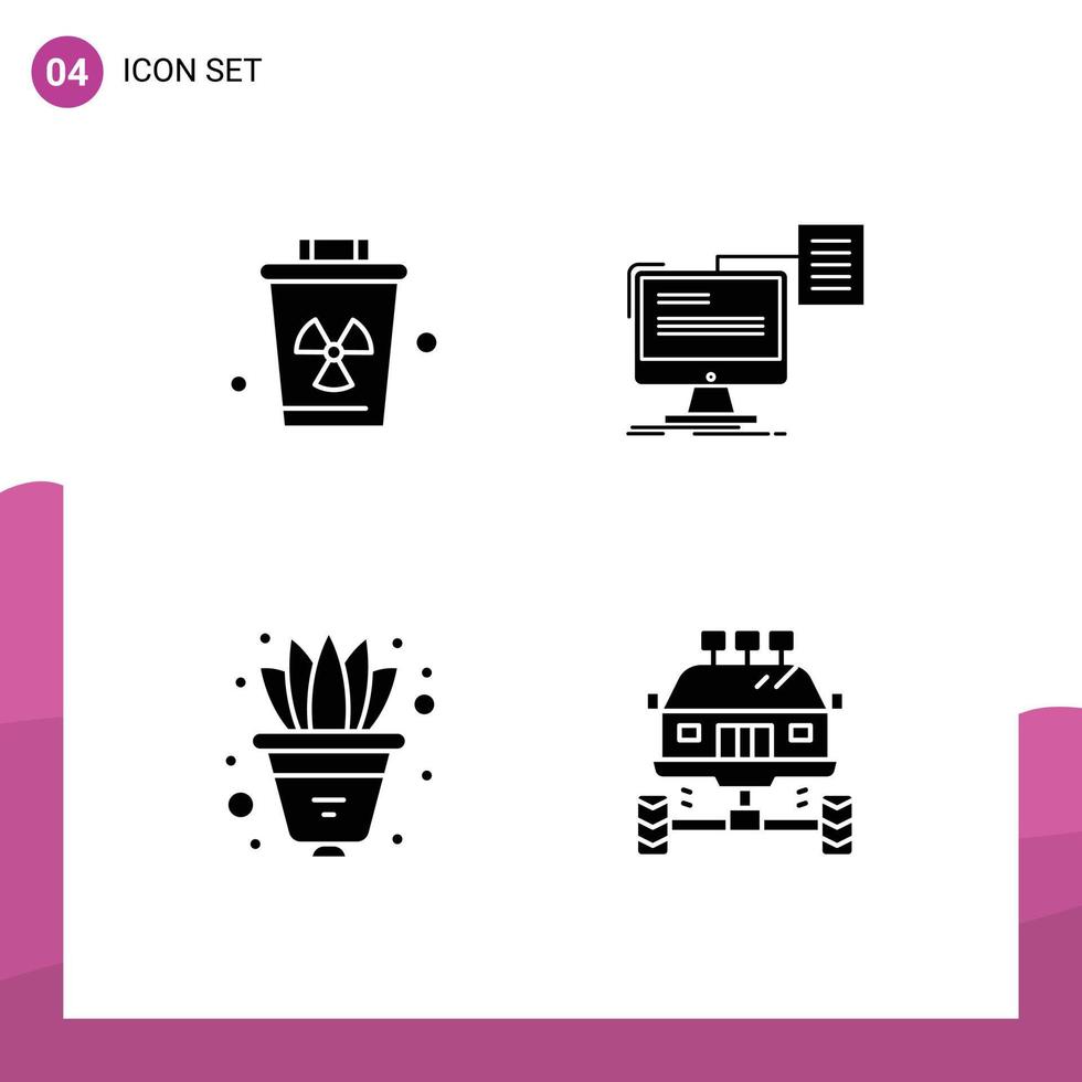 pacote de 4 glifos sólidos criativos de elementos de design de vetores editáveis de pote de impressão de lixo de flor de ambiente