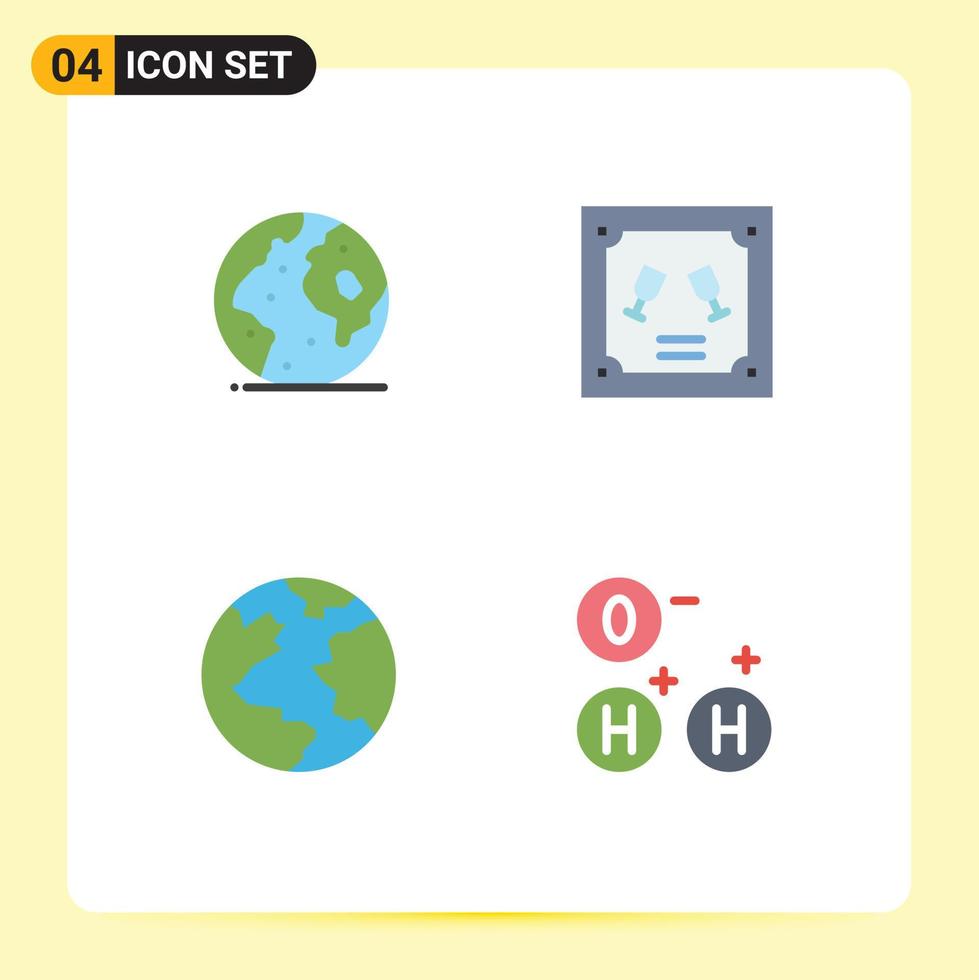 4 ícones planos universais definidos para aplicações web e móveis, terra, planeta, envelope, mundo, elementos de design de vetores editáveis
