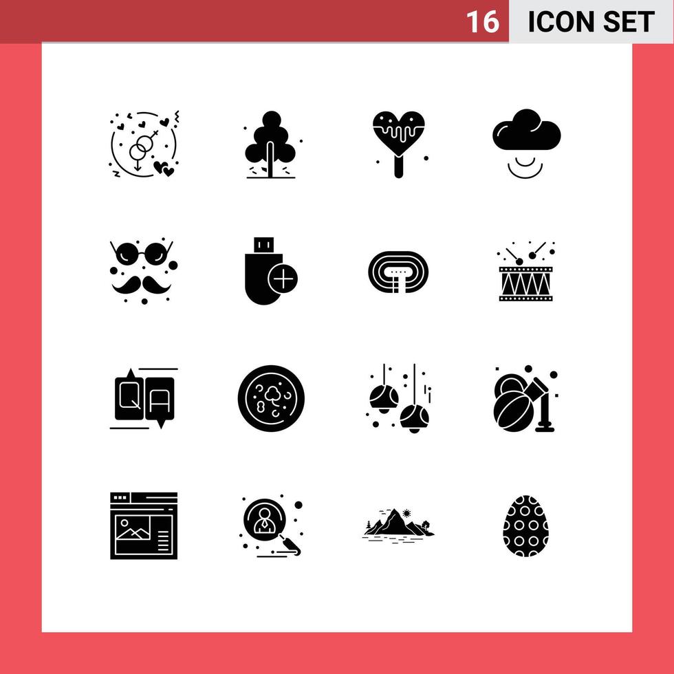 16 interface do usuário pacote de glifos sólidos de sinais modernos e símbolos de óculos e bigodes sorvete engraçado sinal divertido elementos editáveis de design vetorial vetor