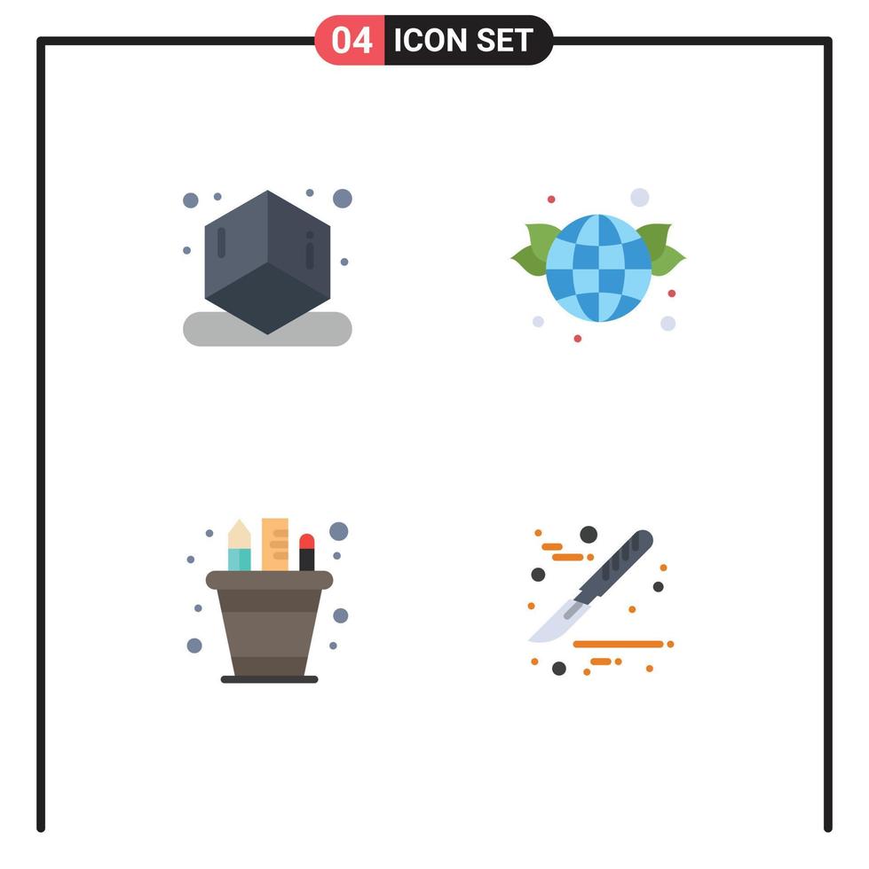 conjunto de ícones planos de interface móvel de 4 pictogramas de cubo, lápis, terra, pote verde, elementos de design de vetores editáveis
