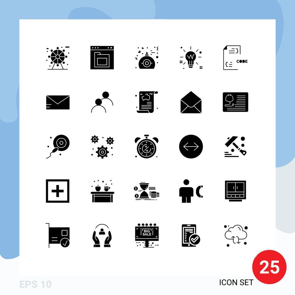 conjunto moderno de pictograma de 25 glifos sólidos de solução de código lâmpada de ideia de presente elementos de design de vetores editáveis