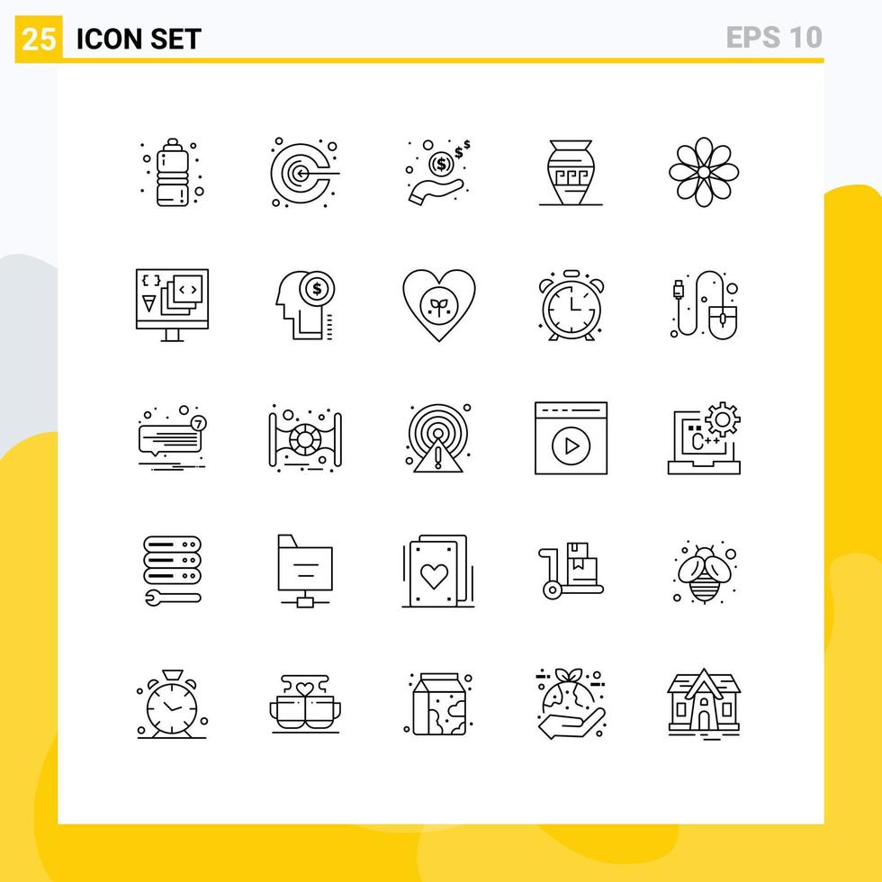 pacote de interface do usuário de 25 linhas básicas de jarro de flores mão emoji ânfora elementos de design de vetores editáveis