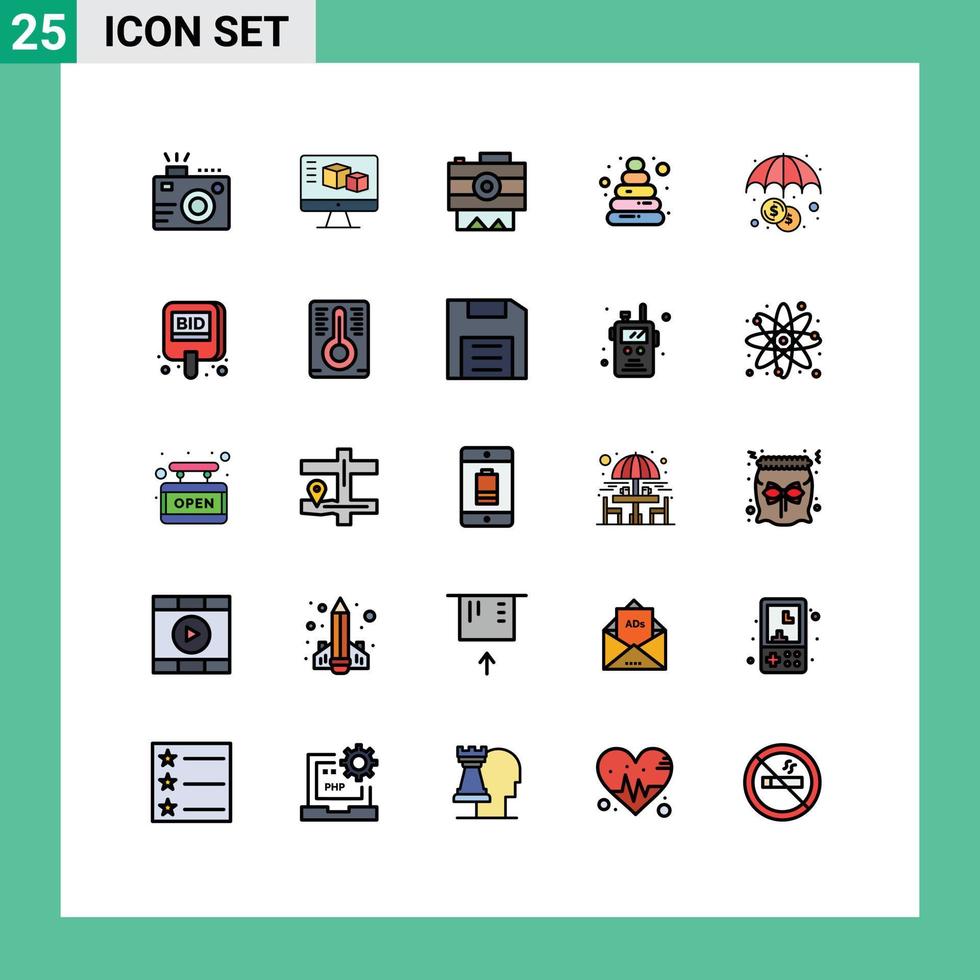 pacote de cores planas de linha preenchida de 25 símbolos universais da pirâmide de computação de brinquedos de seguro gravando elementos de design vetorial editáveis vetor
