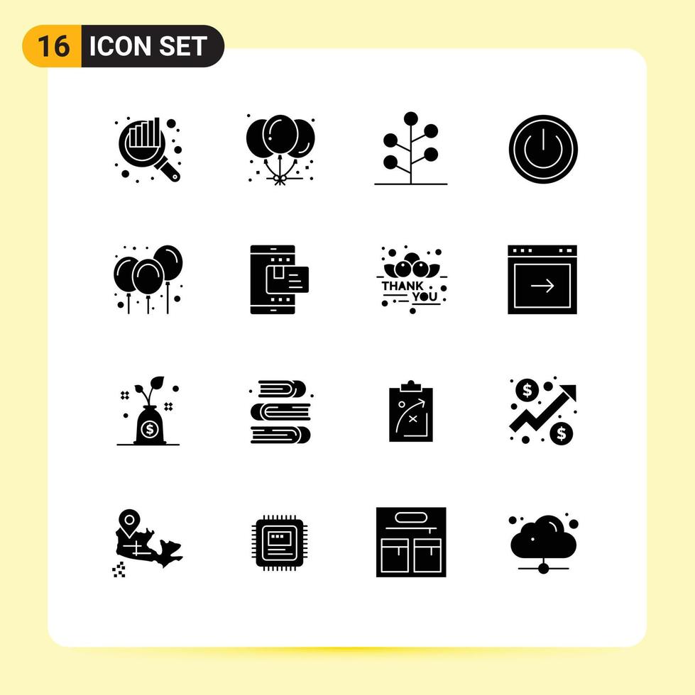 conjunto de pictogramas de 16 glifos sólidos simples de balões alimentam a floresta em elementos básicos de design de vetores editáveis