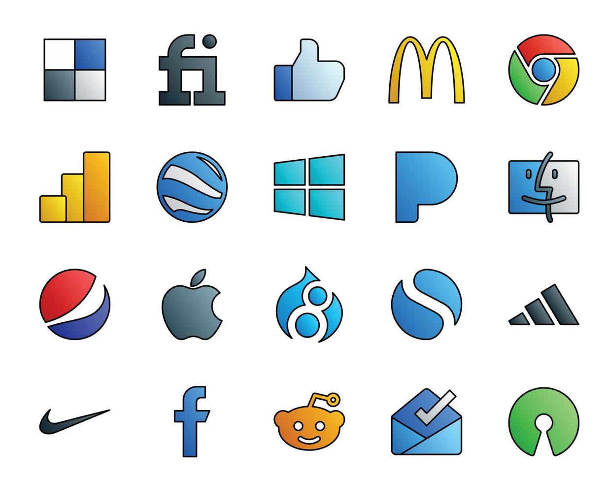 20 pacotes de ícones de mídia social, incluindo reddit nike pandora adidas drupal vetor