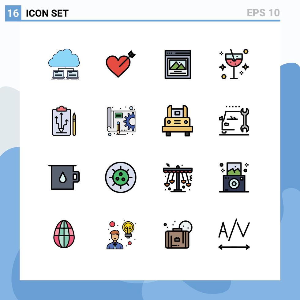grupo de 16 linhas preenchidas de cores planas modernas definidas para interface de cabeça de estratégia bebida de festa elementos de design de vetores criativos editáveis