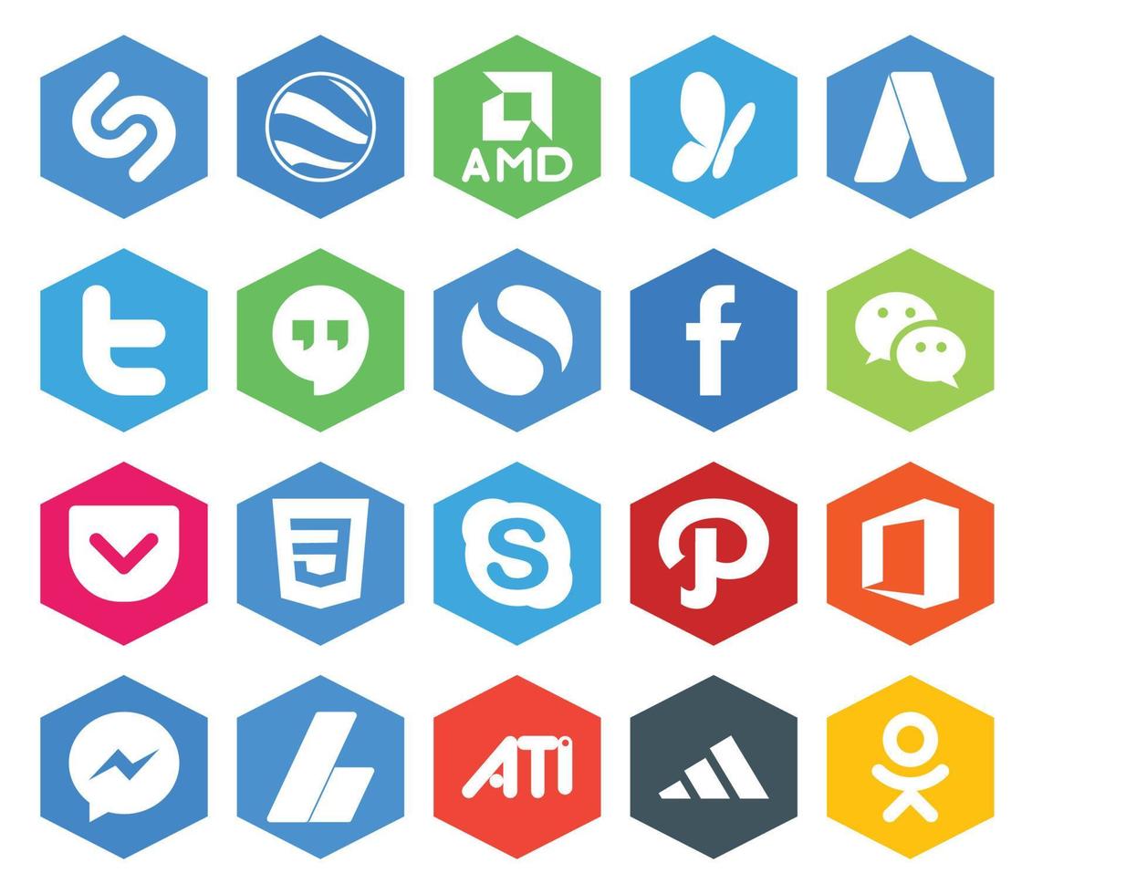 Pacote de 20 ícones de mídia social, incluindo bolso de skype simples de bate-papo de escritório vetor