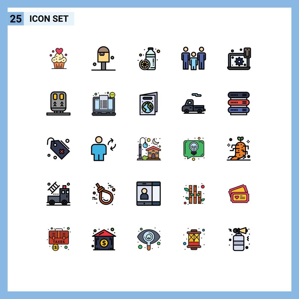 25 interface do usuário linha cheia pacote de cores planas de sinais e símbolos modernos de saúde casal suco de família de verão elementos de design de vetores editáveis