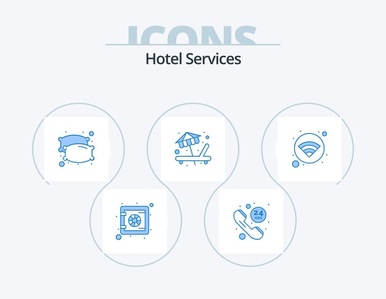 design de ícones do pacote de 5 ícones azuis de serviços de hotel. Internet. gratuitamente. noite. serviço. espreguiçadeira vetor