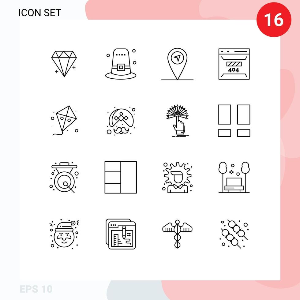 16 ícones criativos sinais modernos e símbolos de erro de site gps kite fly elementos de design de vetores editáveis