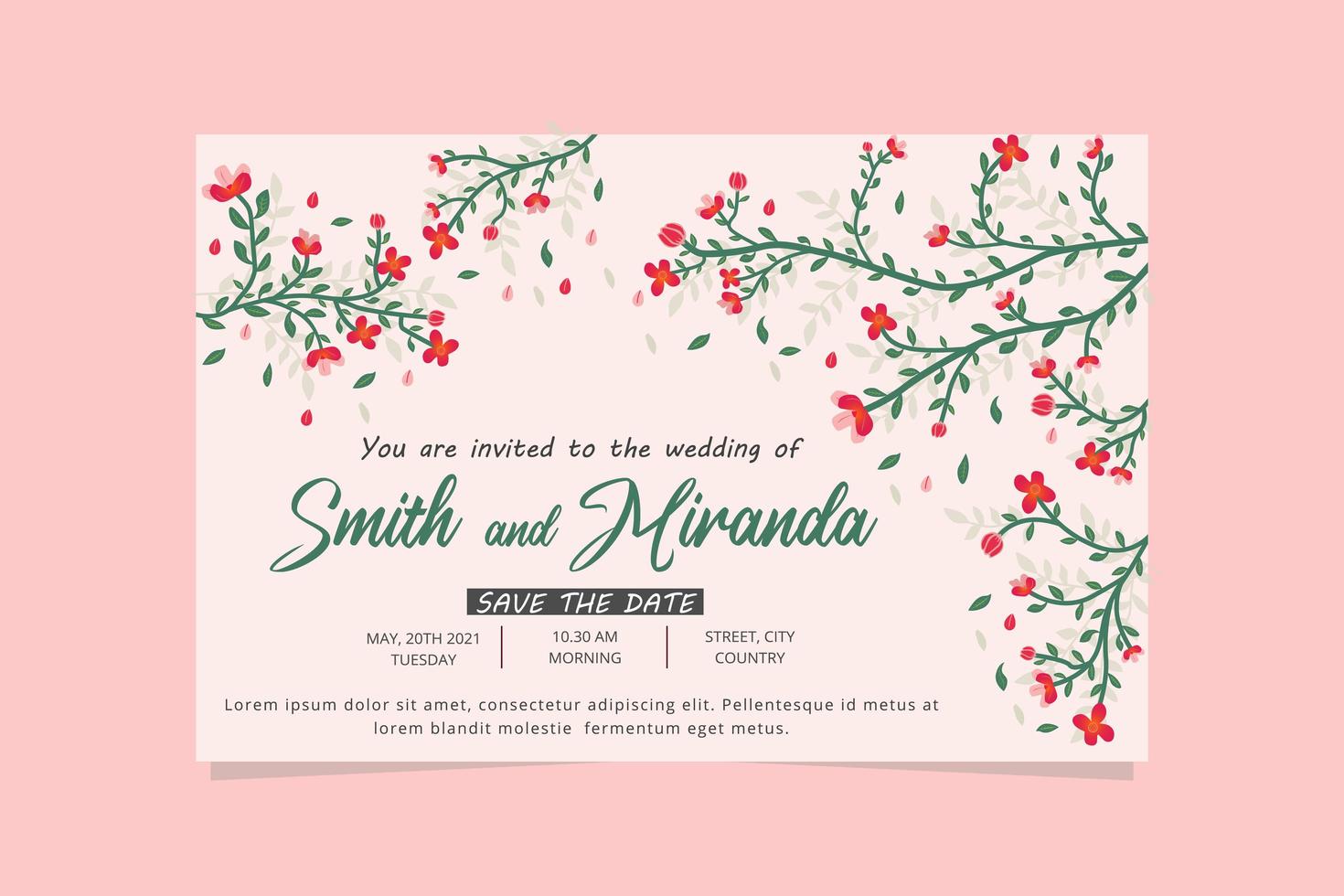 banner de convite de casamento floral rosa. banner de convite de casamento com flores e folhas. vetor