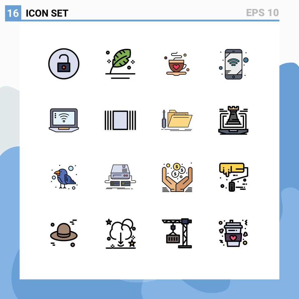 pacote de 16 linhas cheias de cores planas criativas de rede de escrituras wi-fi de computador amo elementos de design de vetores criativos editáveis