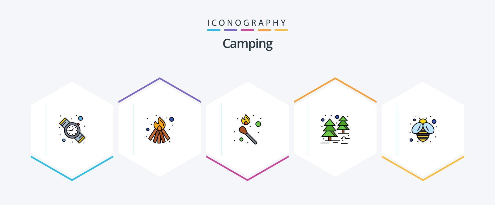 pacote de ícones de 25 linhas preenchidas para camping, incluindo . mel. partida. mosca. árvore vetor