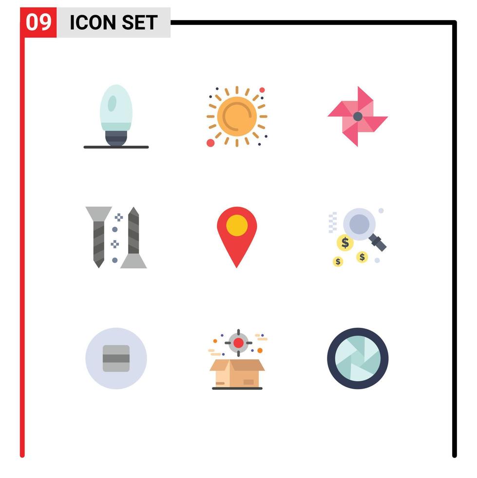 conjunto de pictogramas de 9 cores planas simples de mapa de vento de localização de dólar elementos de design de vetores editáveis de fixação automática