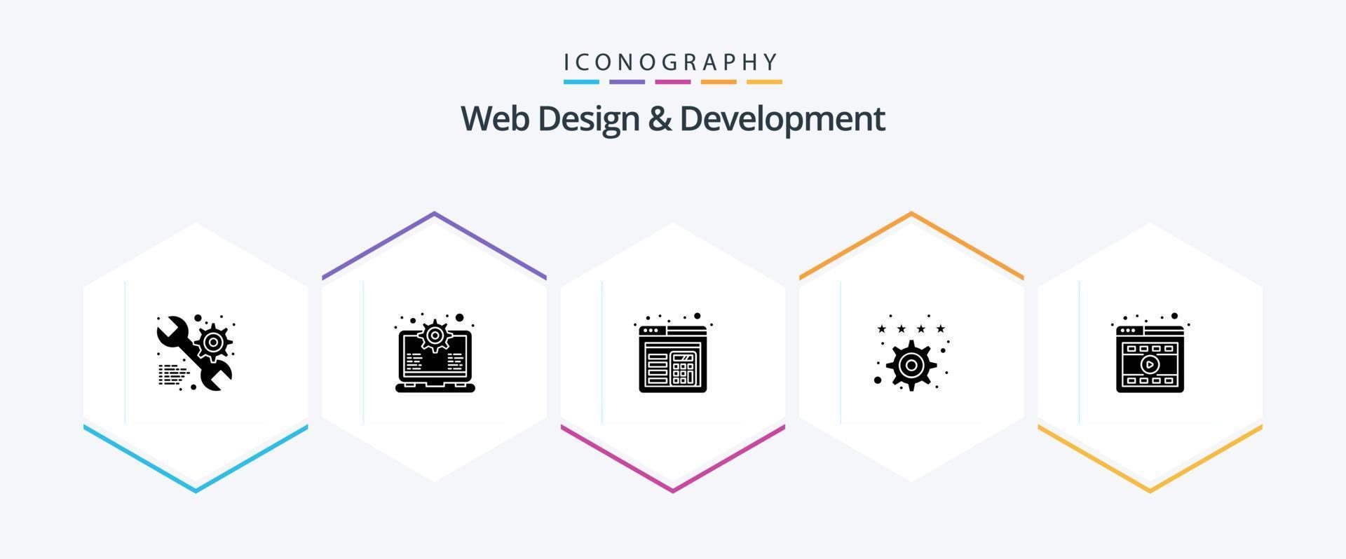 web design e desenvolvimento pacote de ícones de 25 glifos, incluindo vídeo. navegador. navegador. definições. favorito vetor