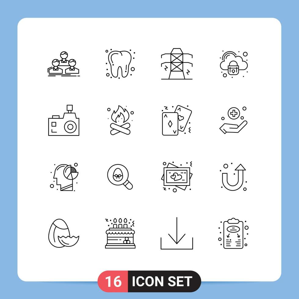 pacote de linha de vetor editável de 16 contornos simples de câmera de flash bloqueio de eletricidade seguro elementos de design de vetor editável de segurança