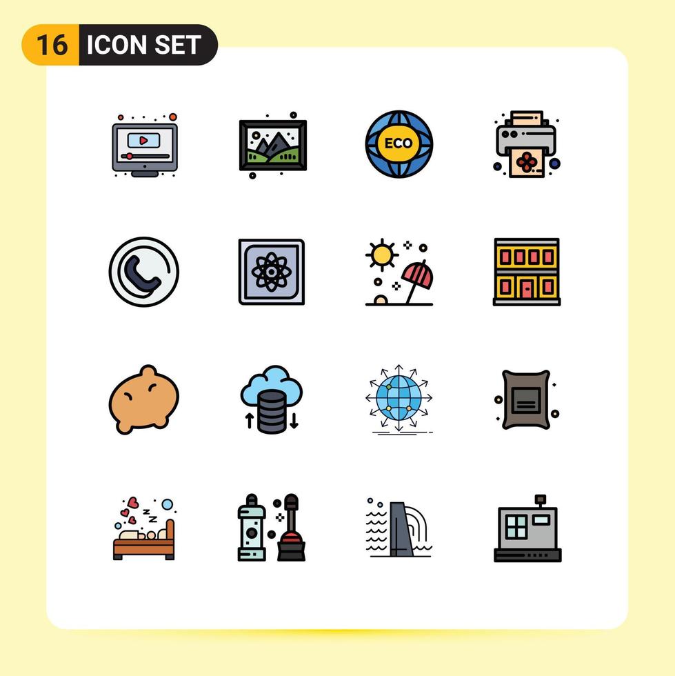 grupo de 16 sinais e símbolos de linhas preenchidas de cores planas para ambiente de impressora de telefone imprimir elementos de design de vetores criativos eco editáveis