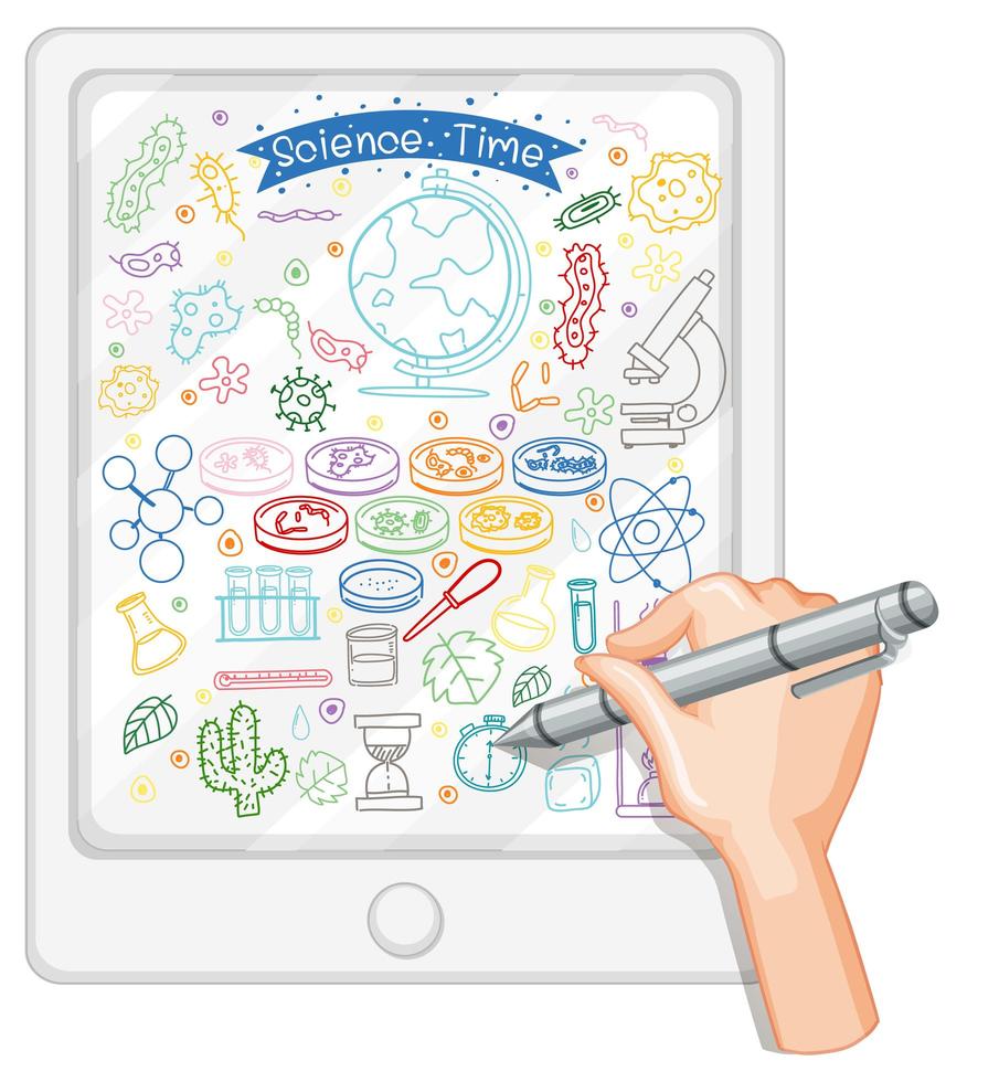 mão desenhando elemento de ciência doodle no tablet vetor