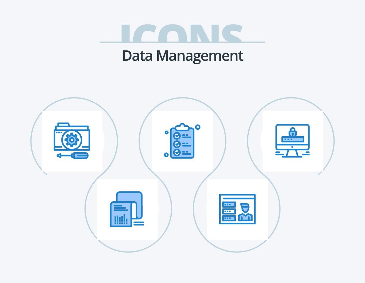 gerenciamento de dados azul icon pack 5 design de ícones. marca. documento. Eu iria. lista de controle. configuração vetor