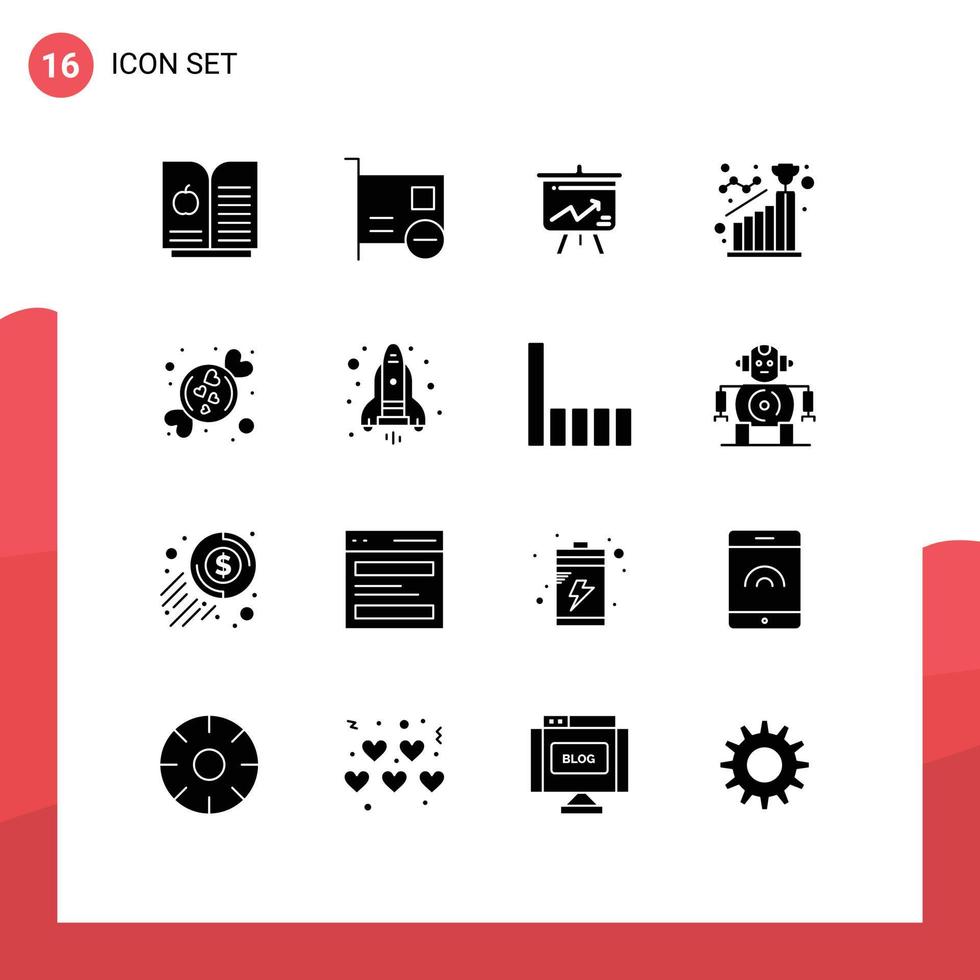 Pacote de glifos sólidos de 16 interfaces de usuário de sinais e símbolos modernos de exibição de etapas de amor alcança elementos de design de vetores editáveis