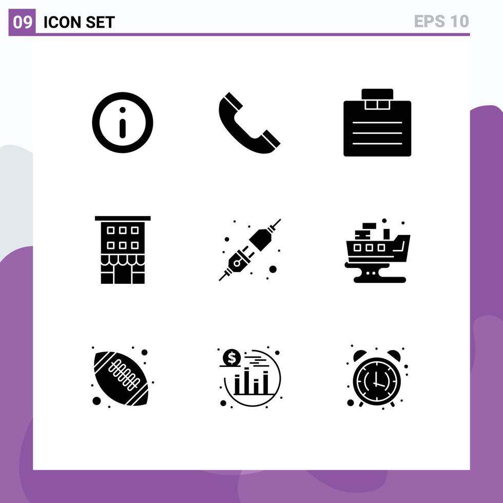 conjunto de pictogramas de 9 glifos sólidos simples de elementos de design de vetores editáveis de lojas de plug-in