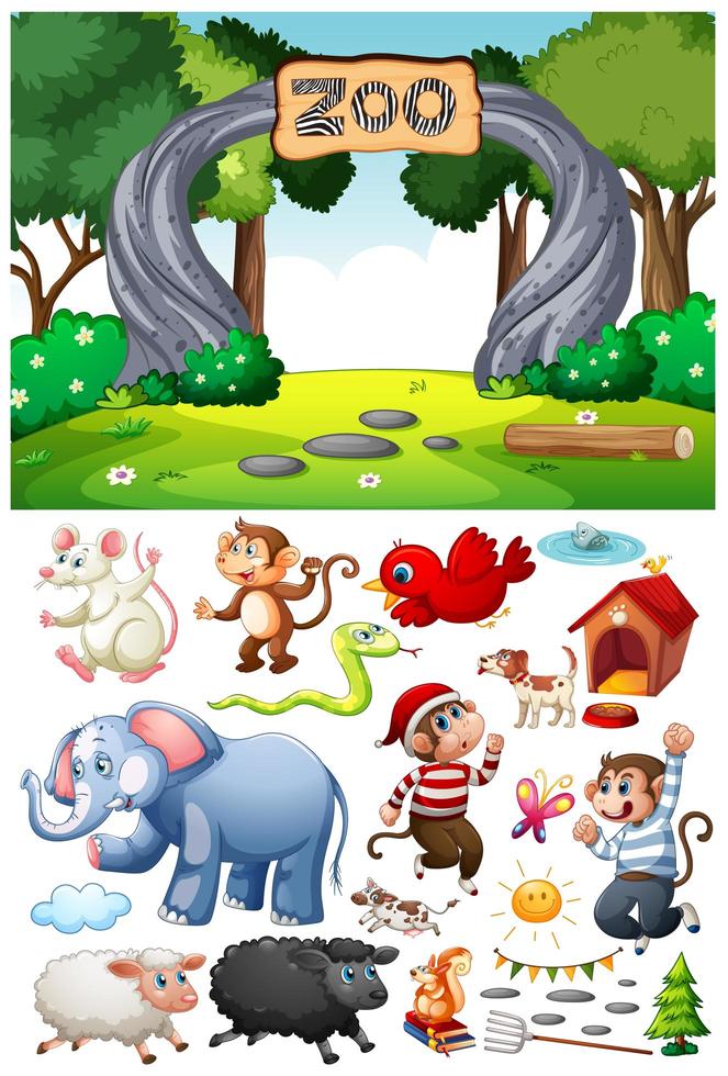 cena do zoológico com personagem de desenho animado isolado e objetos vetor