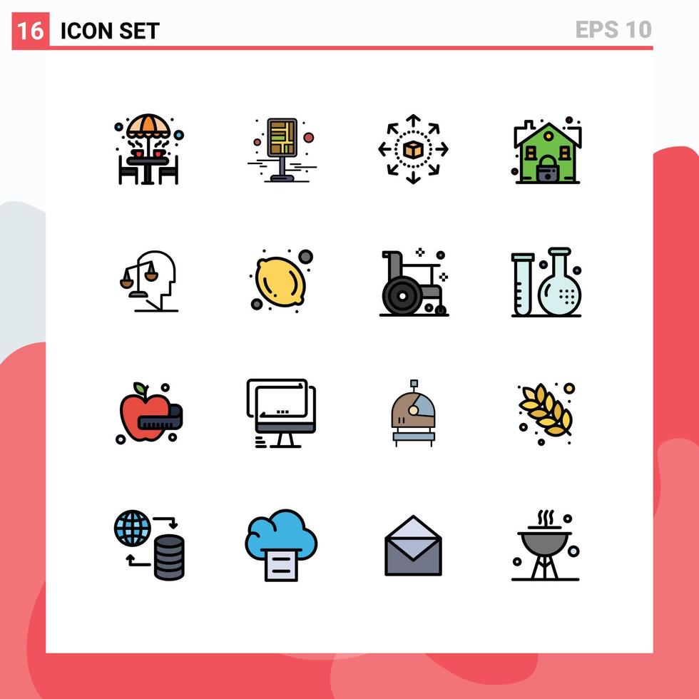 pacote de interface do usuário de 16 linhas básicas preenchidas com cores planas de pinos de bloqueio de segurança, compras imobiliárias, elementos de design de vetores criativos editáveis
