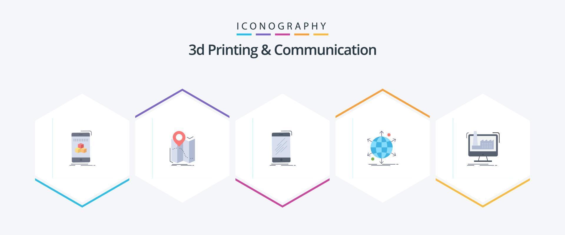 Impressão 3D e comunicação 25 pacotes de ícones planos, incluindo rede. internacional. rota. o negócio. Smartphone vetor