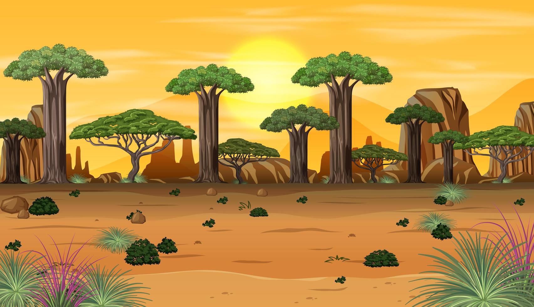 paisagem da floresta africana ao pôr do sol vetor