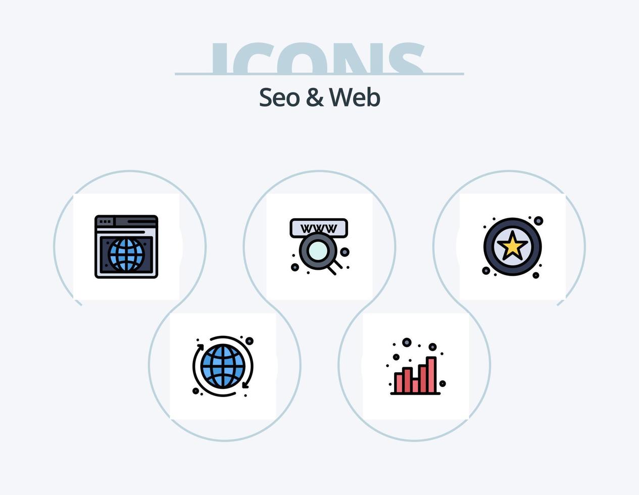 Seo e web line pack de ícones cheios 5 design de ícones. Móvel. alerta. visualizar. alarme. vídeo vetor