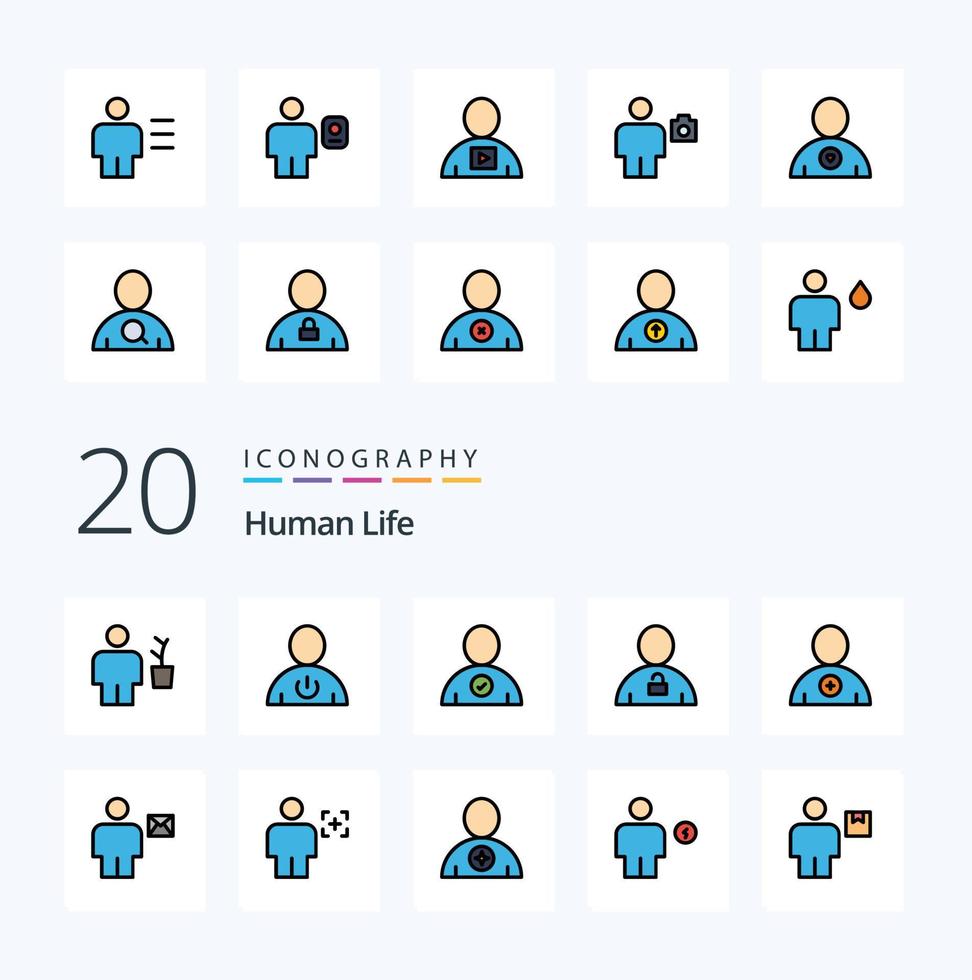 Pacote de ícones de cores preenchidas com 20 linhas humanas, como usuário de corpo humano desbloqueado vetor