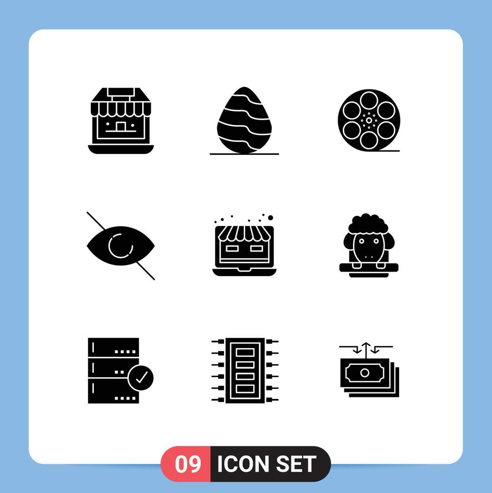 pacote de 9 sinais e símbolos de glifos sólidos modernos para mídia de impressão na web, como web laptop movis view elementos de design de vetores editáveis
