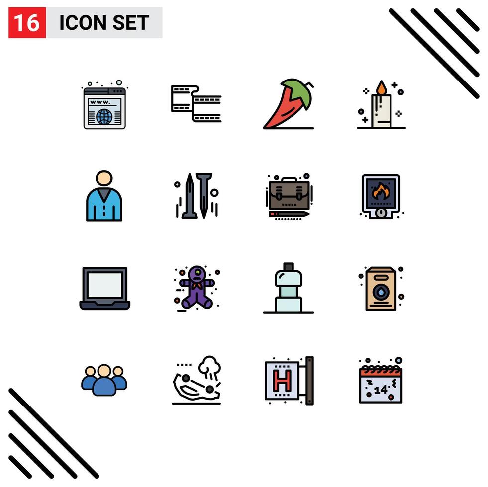 grupo de símbolos de ícone universal de 16 linhas cheias de cores planas modernas de interface avatar comida feriado vela editável vetor criativo elementos de design