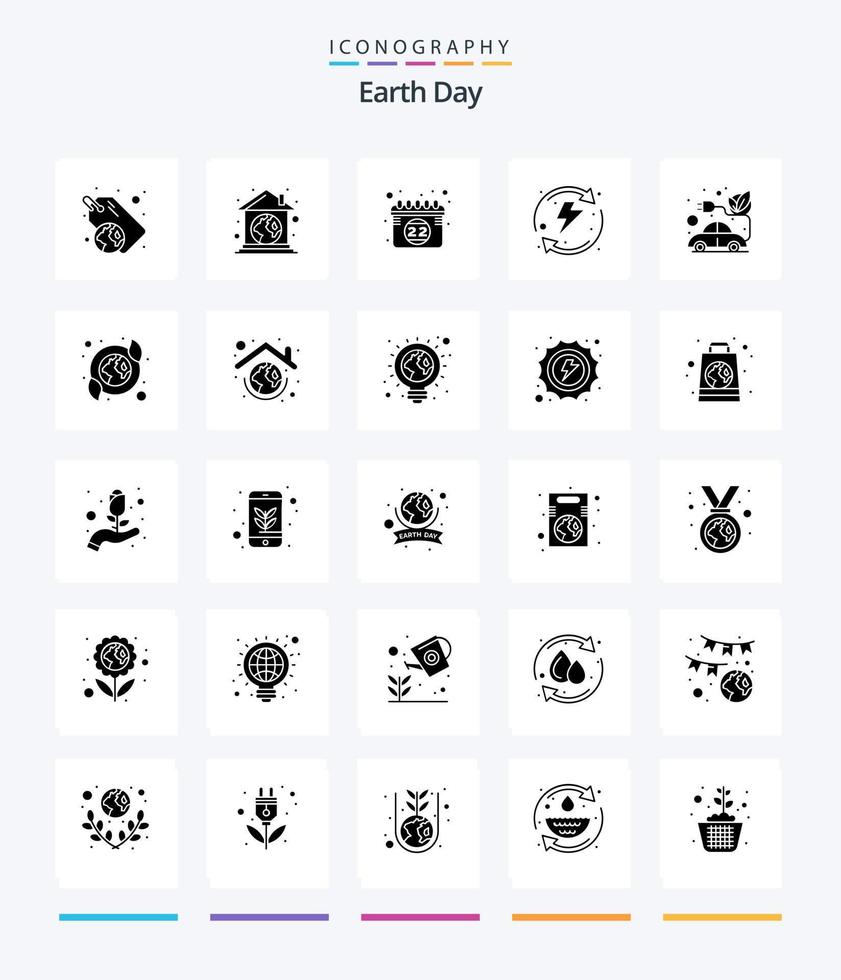 dia da terra criativo 25 pacote de ícones preto sólido glifo, como plugue. carro. calendário. sistema. energia vetor