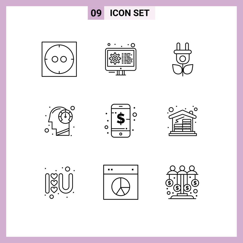 9 ícones criativos sinais e símbolos modernos de gestão inteligente natureza negócios mente elementos de design vetoriais editáveis vetor