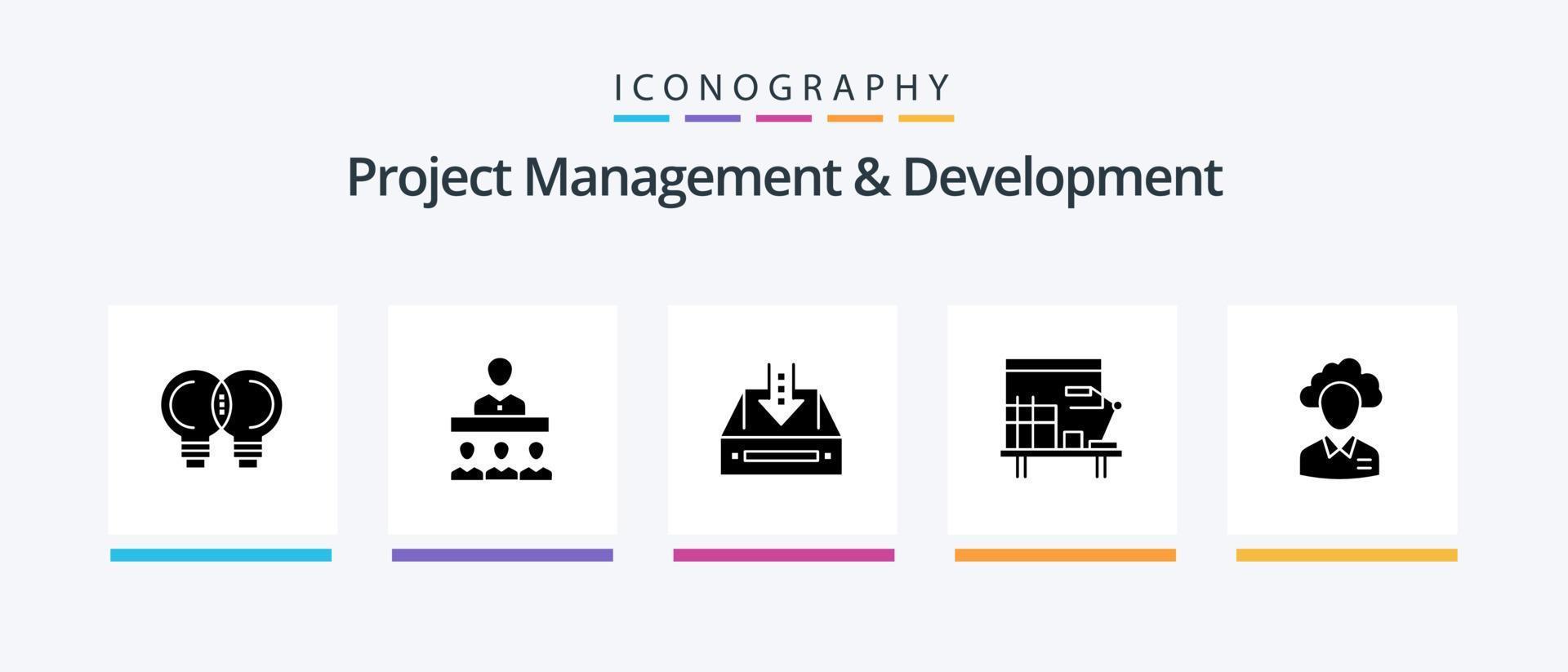 gerenciamento de projetos e pacote de ícones de glifo 5 de desenvolvimento, incluindo escritório. ambiente de trabalho. caixa de entrada. vazio. design de ícones criativos vetor
