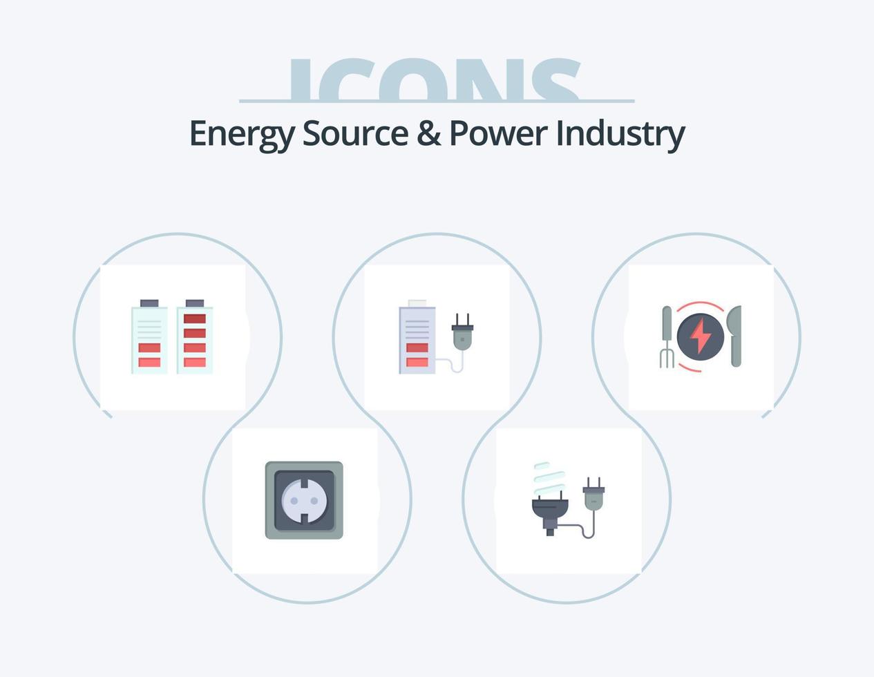 fonte de energia e design de ícone plano do pacote de 5 ícones da indústria de energia. potência. acumulador. energia. cheio. bateria vetor
