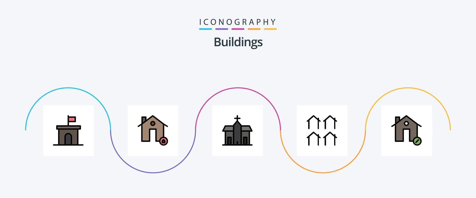 linha de edifícios cheia de pacote de ícones de 5 planos, incluindo casas. distrito. proteger. mosteiro. igreja vetor