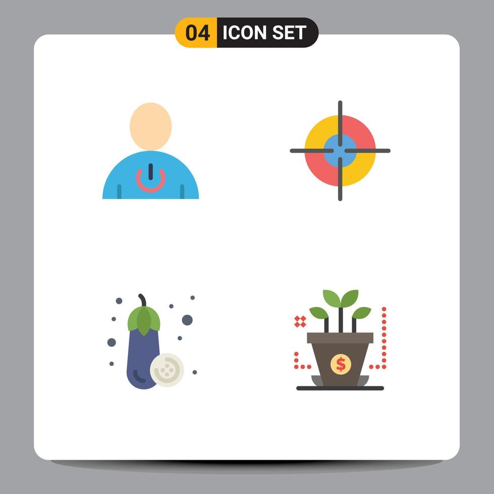pacote de 4 sinais e símbolos de ícones planos modernos para mídia impressa na web, como avatar, comida, objetivo humano, finanças, elementos de design de vetores editáveis