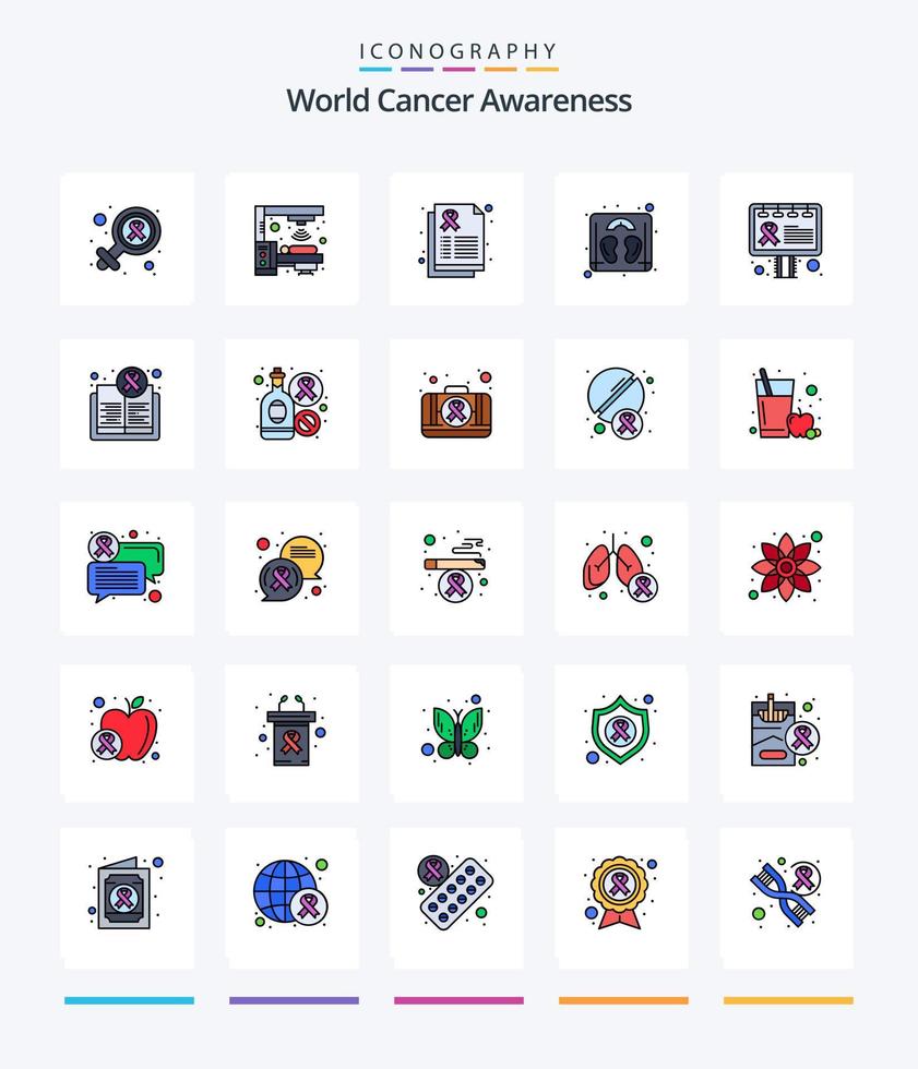 pacote de ícones preenchidos com 25 linhas de conscientização sobre o câncer do mundo criativo, como conscientização. anúncio. relatório. máquina. peso vetor
