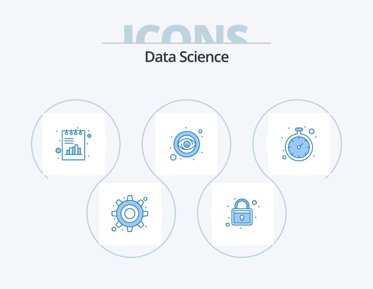 design de ícones do pacote 5 de ícones azuis de ciência de dados. encontro. vista do olho. análise. visualizar. olho vetor