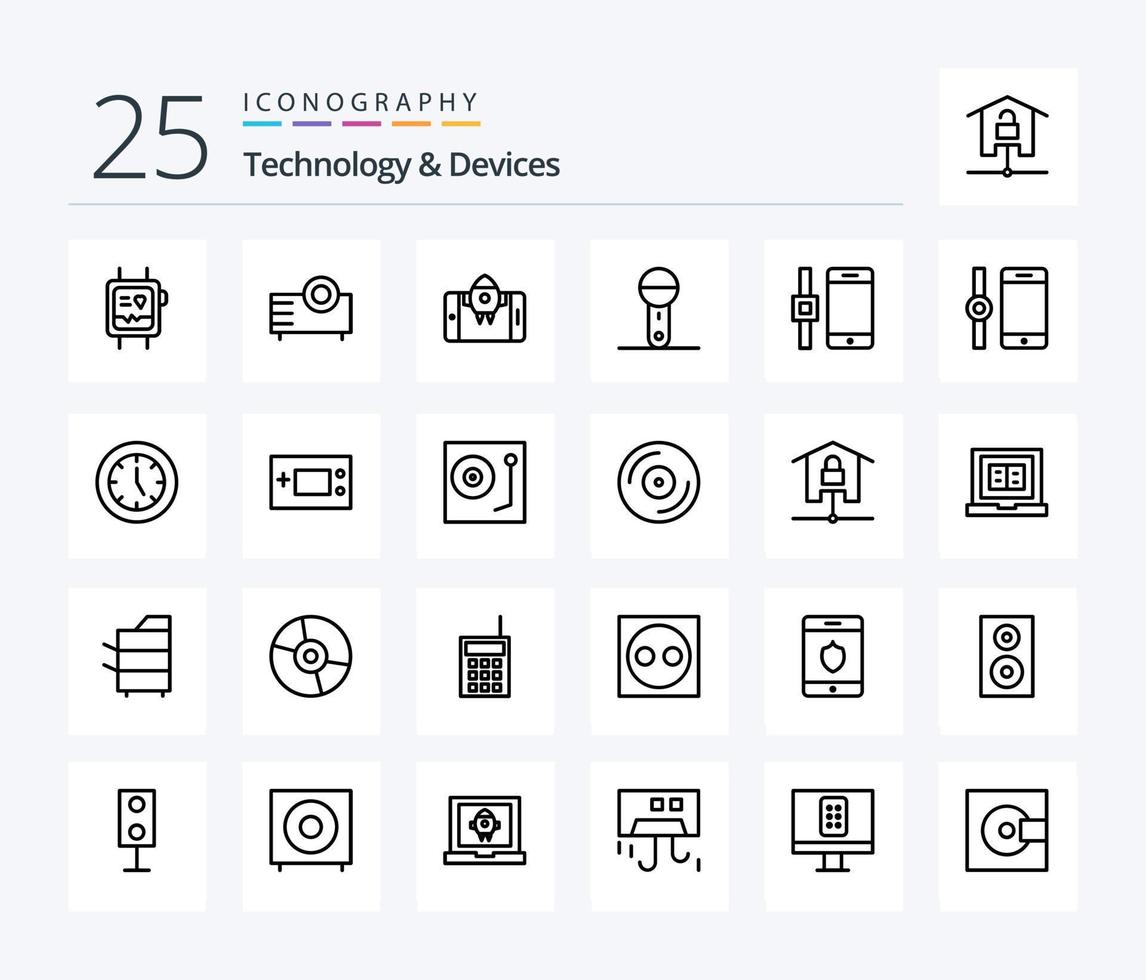 Pacote de ícones de 25 linhas de dispositivos, incluindo tecnologia. microfone. tecnologia. eletrônicos. começar vetor